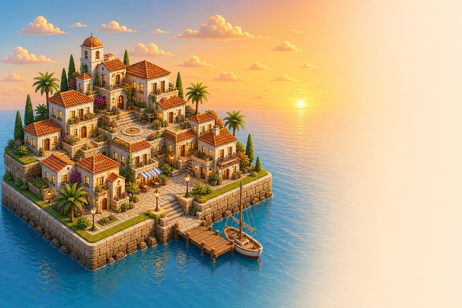 Sunset over a Mediterranean coastal village